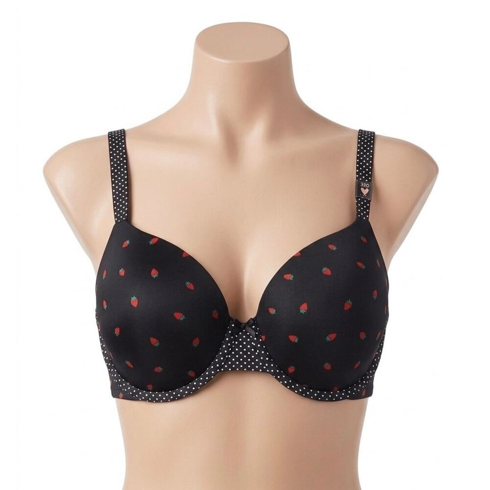 ⁠NWT VS PINK 38D Wear Everywhere Lined Demi Bra Black Strawberry Polka Dot NEW⁠